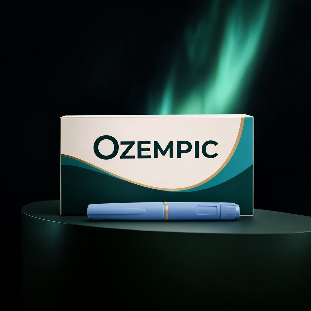 An editorial Ozempic injector product render under a teal aurora