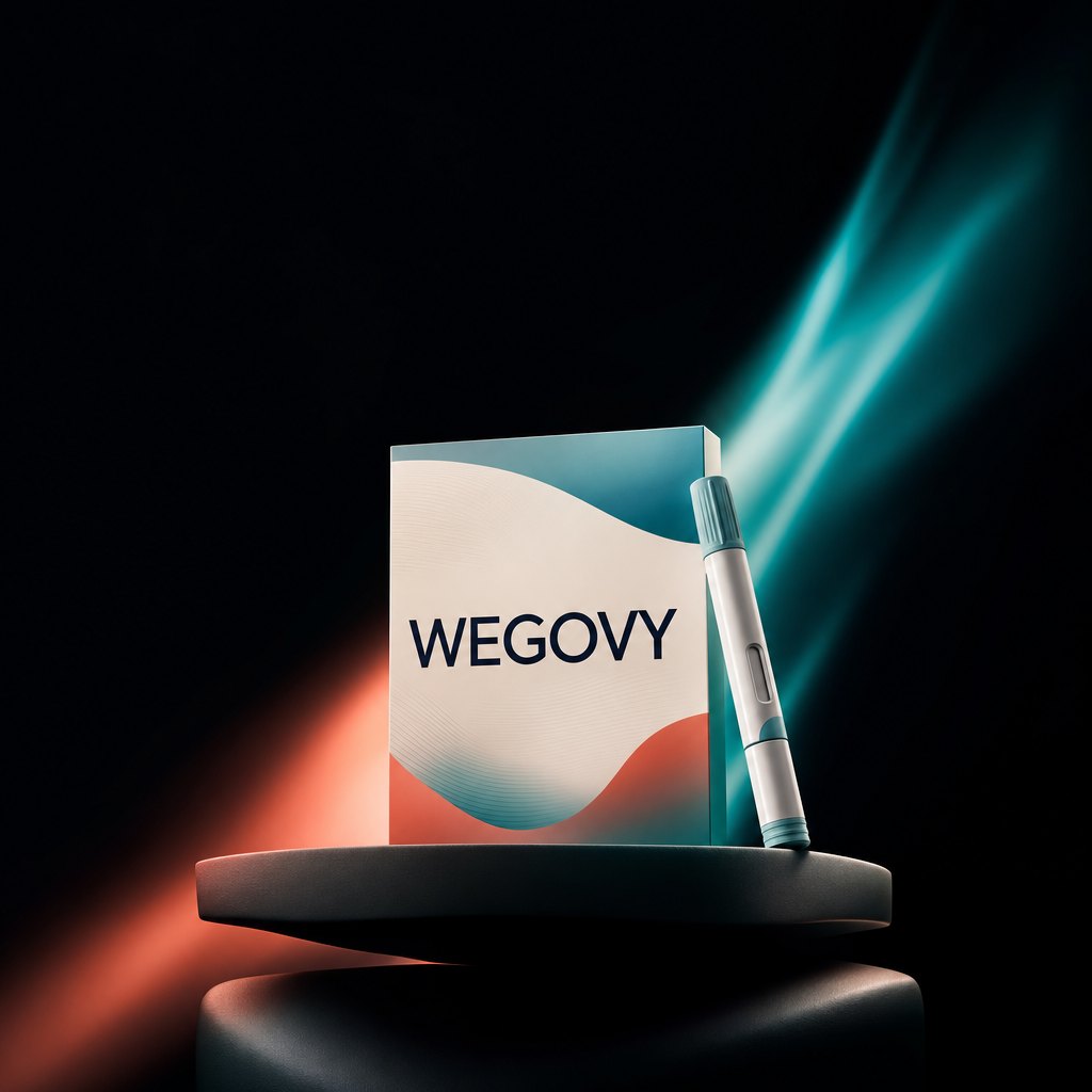 An editorial Wegovy injector product render under a coral aurora