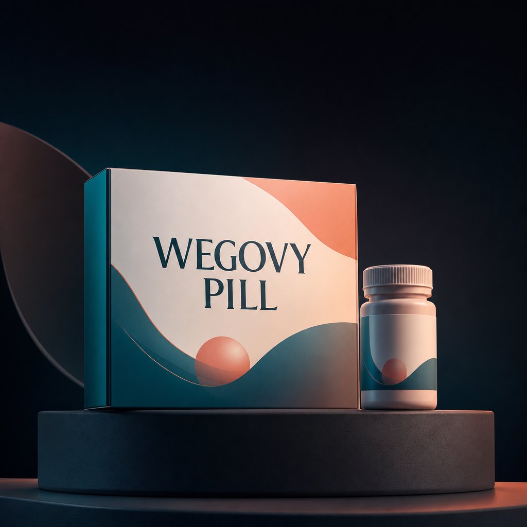 An editorial Wegovy pill product render on an aurora-lit surface
